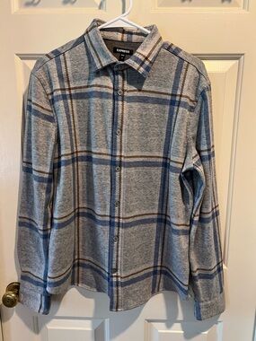 Express Gray Plaid Shirt with Blue and Brown Stripes